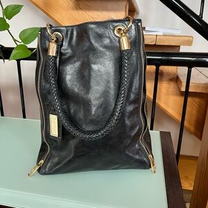 Badgley Mischka Black Leather Shoulder Bag with Gold Accents
